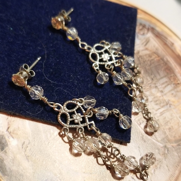 Antique signed Long Crystal Chandelier Sterling Silver Filigree Earrings - Picture 5 of 8